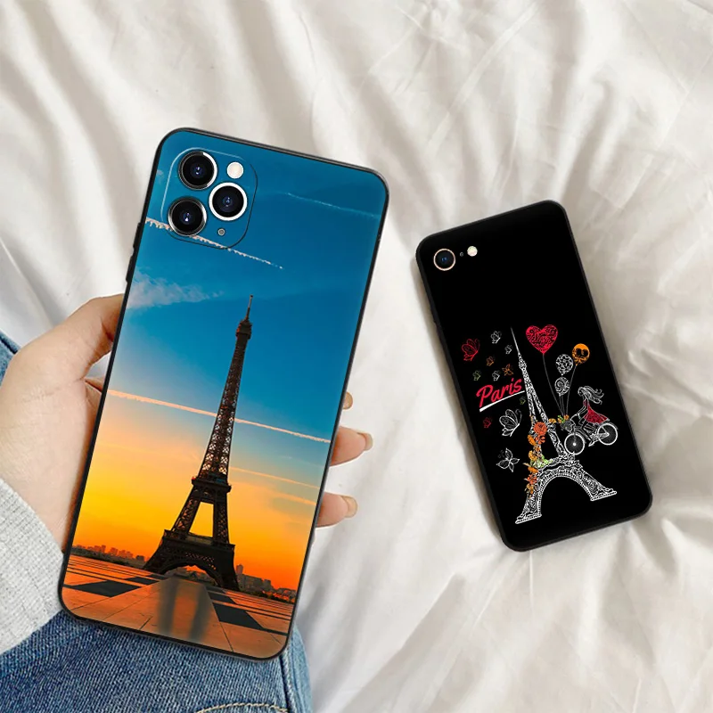 Silicone Black Phone Cases for iphone 16 Pro Max 7 8 14 15 Plus SE XR 11 12 13 Mini 15Pro Unique Style Eiffel Tower Soft Cover