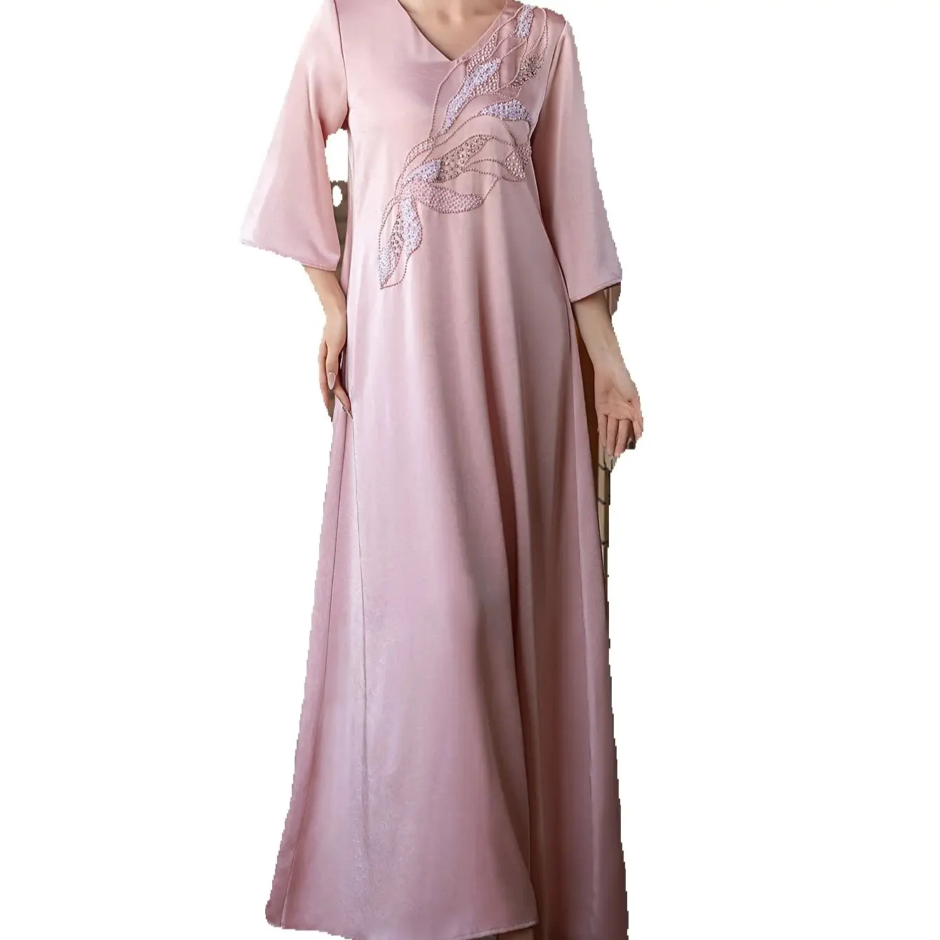 

Ид Атласная Абая Дубай Кафтан из бисера с бриллиантами Джалабия Женское мусульманское длинное платье Вечернее платье Кафтан Марокаин Femme Robe Kebaya