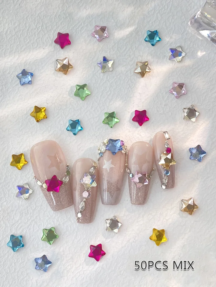 50pcs Estrellas Mixtas 4MM/6MM Color Navidad Corea Estilo 3D Lindas Decoración para Uñas 5