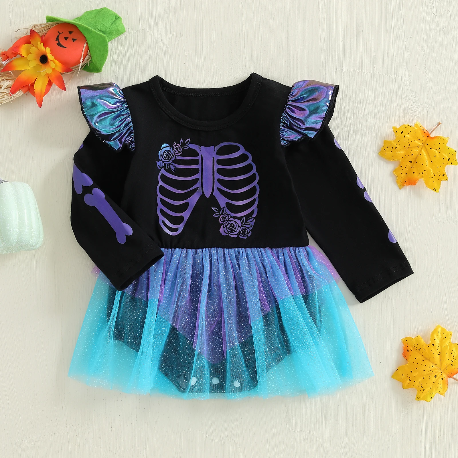 

Lioraitiin Newborn Baby Girls Halloween Romper Dress Casual Floral Skeleton Print Long Sleeve Jumpsuits Infant Fashion Clothes