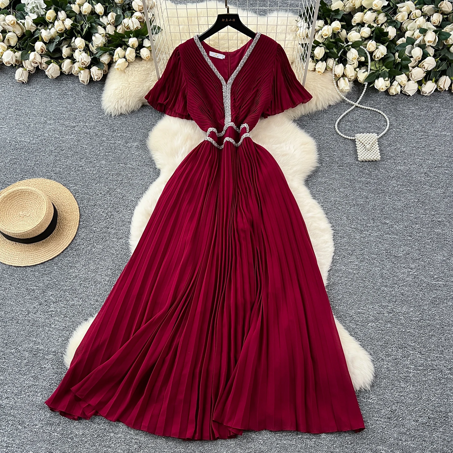 

Chic Elegant V-neck flare sleeve Ruched A-line Korean Fashion Fairy Sexy High Waist Vestidos Vacation dresses
