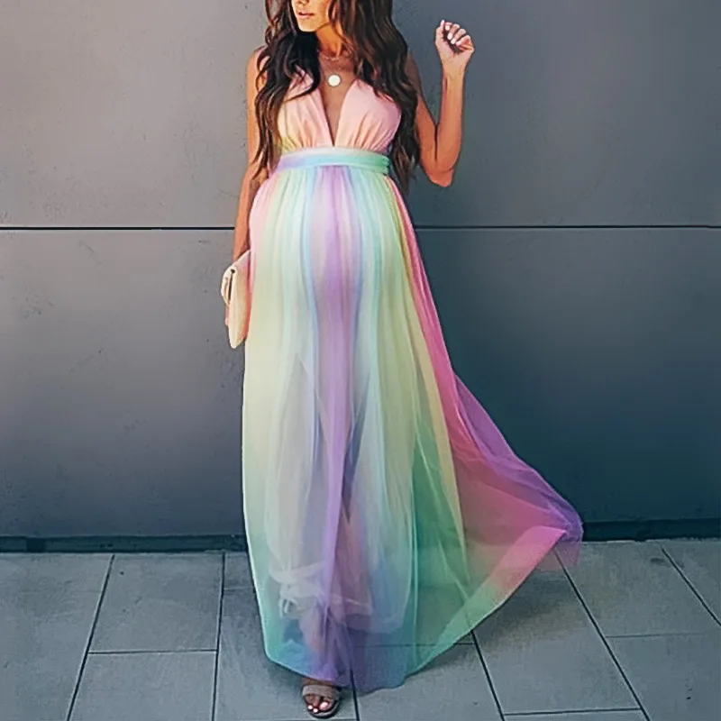 

Sexy Rainbow Tulle Maternity Dresses For Photography Long Pregnancy Photo Shoot Prop For Baby Showers Pregnant Women Maxi Gown