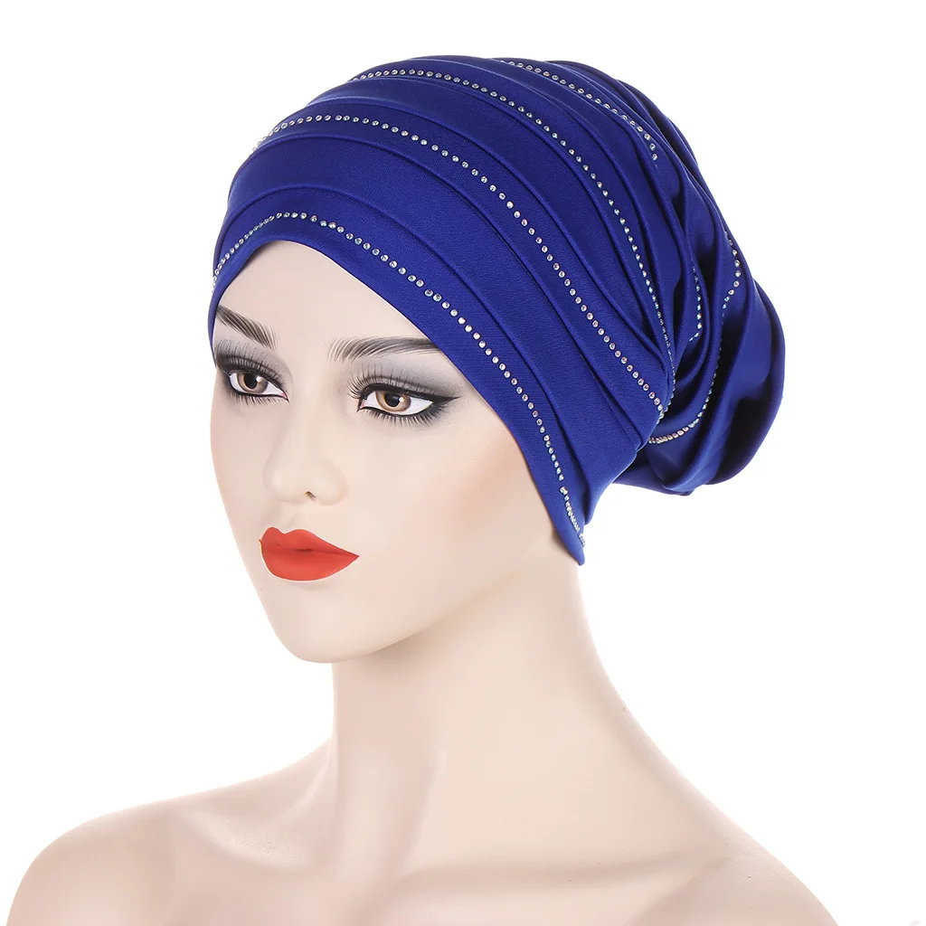 Diamonds Pleated Turban Cap for Lady African Women\'s Head Wraps Nigeria Headpiece Turbante Mujer Muslim Headscarf Hats