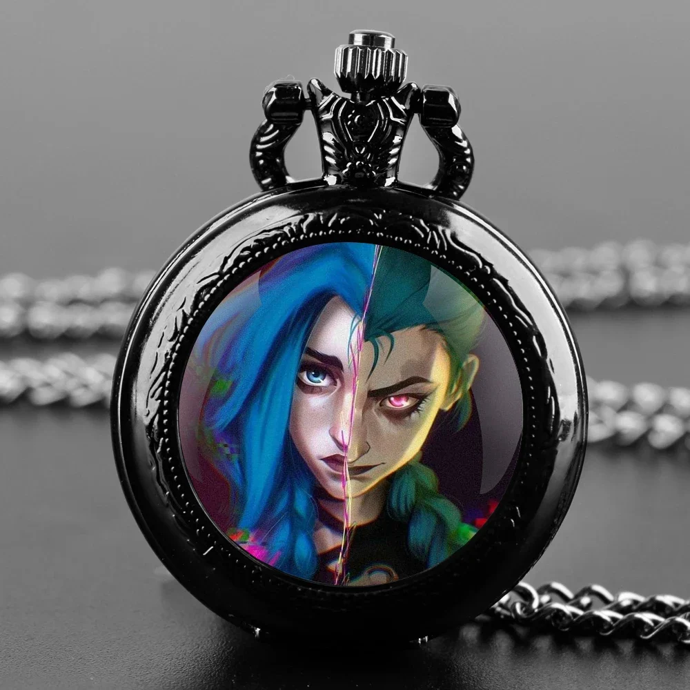 Cool Cartoon Anime Arcane Game Glass Dome Pocket Watch with Chain Necklace Vintage Quartz Pendant Watches Mens Women Gifts