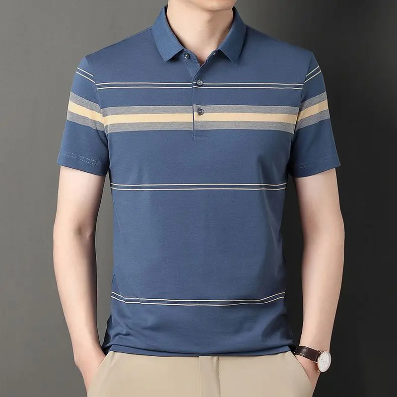 Summer New Fashion Loose Versatile Middle-aged Men Polo Shirt Lapel Button Casual Simple Short Sleeved Ice Thin Striped Top 2024