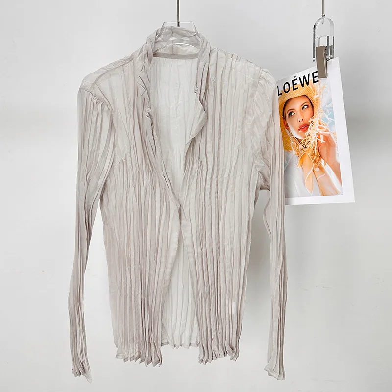 Miyake Single Button Design Cardigan Shirts for Women 2025 New Summer Lightweight Long Sleeve Sunscreen Clothing Chic view 6