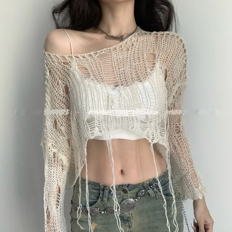 2024 Y2K Women's Knit Tshirt Hollow Out Knitwear Cropped Sweater Spring Short Networks Jumper Vintage Gyaru Korean Fashion