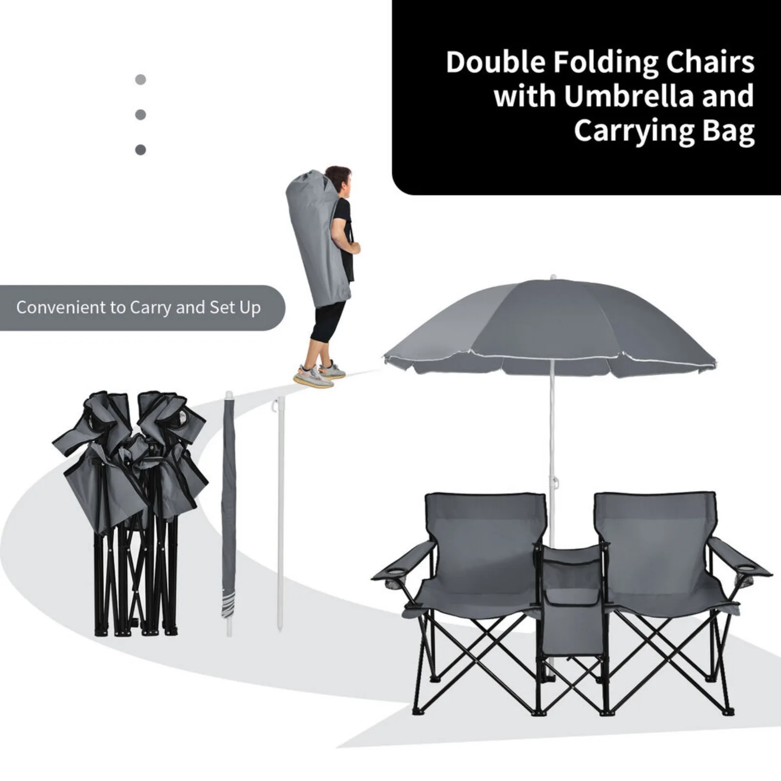 US Folding Portable Picnic Double Chair W/Umbrella Table Cooler Beach Camping