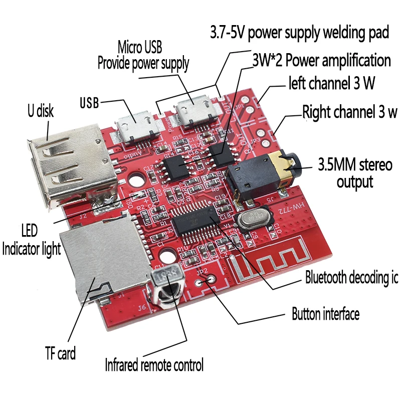 3W Car Bluetooth 4.1 MP3 WAV Decoding Board Speaker Amplifier Audio Receiver Module Support USB/TF/U-DISK/IR Remote Control Red