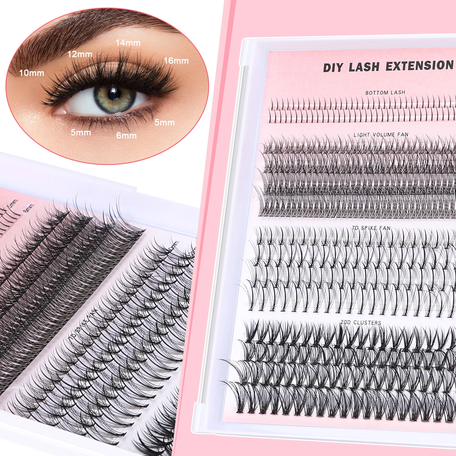 Extensões individuais de cílios postiços, 7D Spike Fans, 20D Cluster, DIY cílios, 5-16mm Bottom Lash, maquiagem para profissionais, 320pcs