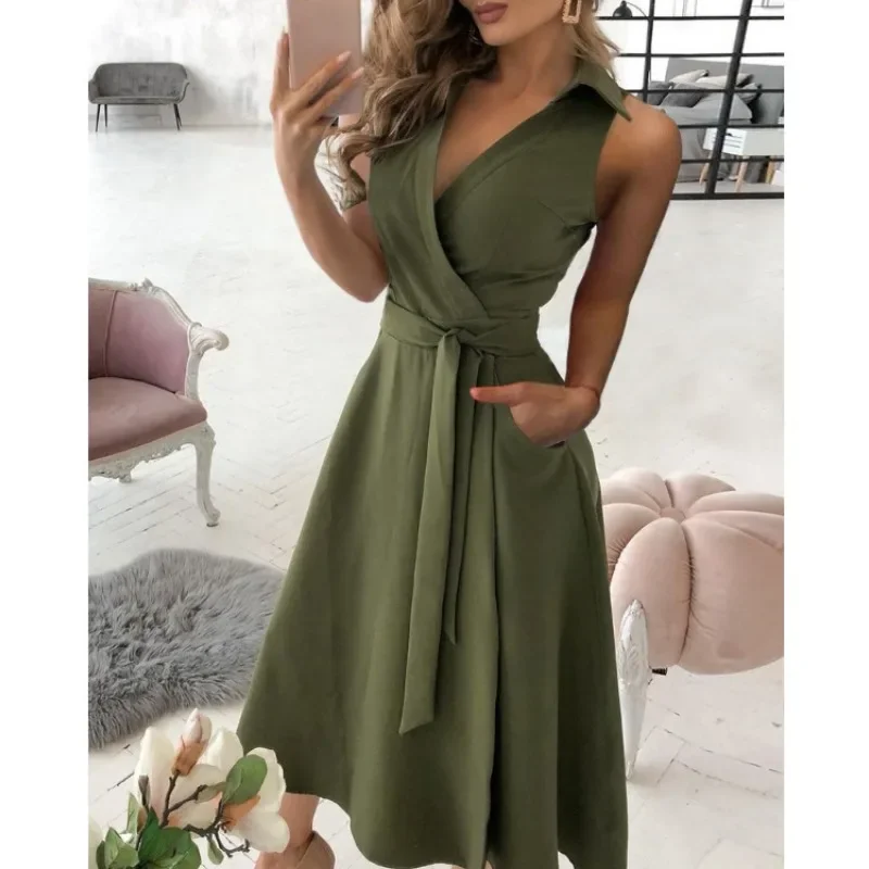 Women's Spring/Summer Short Sleeved V-neck Off Shoulder Dress Solid Color Belt Dress Casual Holiday Loose Fashion Elegant Dress