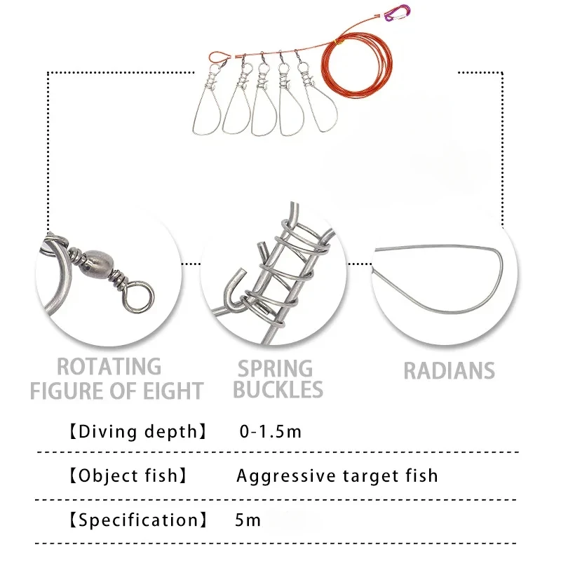 5M Fishing Lock Fish Buckle Tools Fishing Lock Buckle with Reel Stainless Steel Lanyard Fish Lock Belt Fishing Tackle Stringer