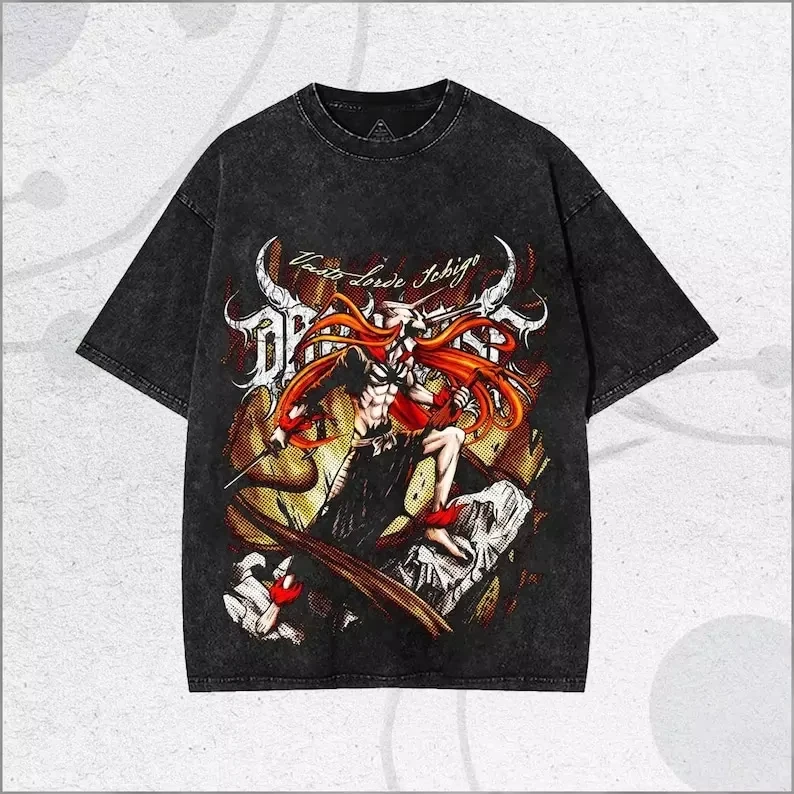 Hot Sale Anime Peripherals Summer New Tee BLEACH BANKAI Graphic Print T-Shirt Retro Washed Men Women Loose Casual Oversized Top