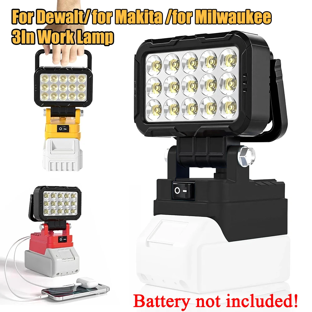 Power Tool Parts for Makita for Milwaukee for Dewalt 18V Lithium Battery LED Work Lights Lamp Hand Lantern Spotlight USB Charger