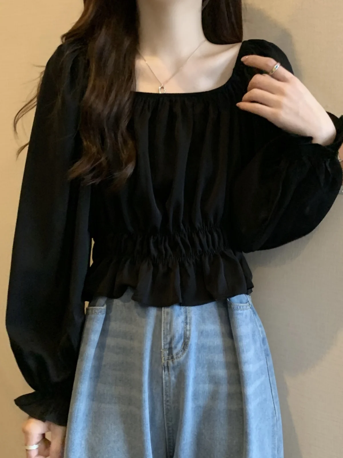 Slimming Design Short Bubble Sleeve Shirt Square Collar Women's Fashion Early Autumn Shirt Waist Cinching Korean Style T-shirt