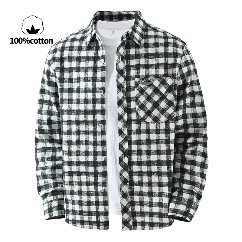 100% Cotton Casual Plaid Shirt, Loose Fit Long Sleeve Daily Wear, Blue Black Check Options