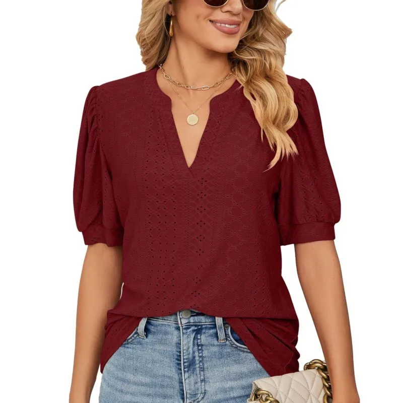 Fashion New T Shirts For Women Vintage Short Sleeve And V-neck Solid Color Tees Casual Elegant Female\'s Pullover Top 2024 Summer