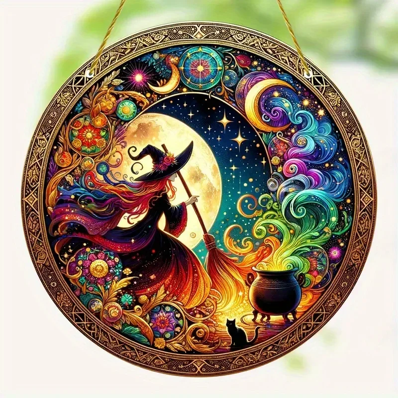 1pc Halloween Witch Stain Art Window Hanging Suncatcher Plaque Acrylic Round Wreath Decoration Indoor Outdoor Window Decora