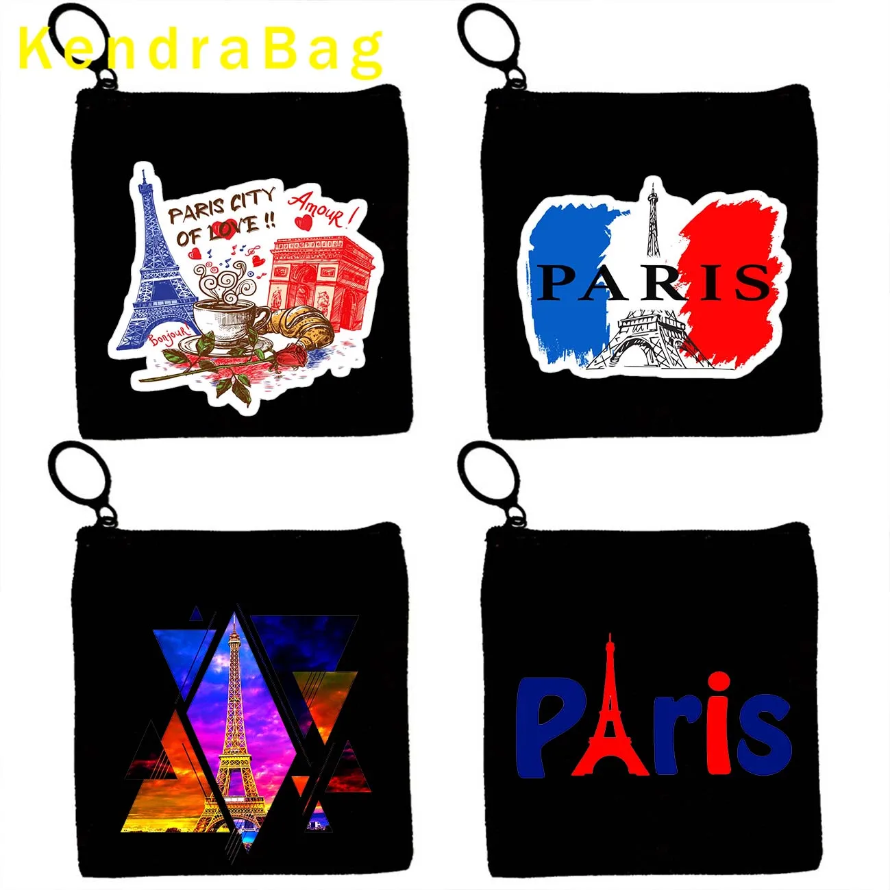 

Vintage Paris Eiffel Tower Key Coin Purse Love Heart Cafe Souvenir France Skyline Letter Print Canvas Bag Pouch Wallet Cute Gift