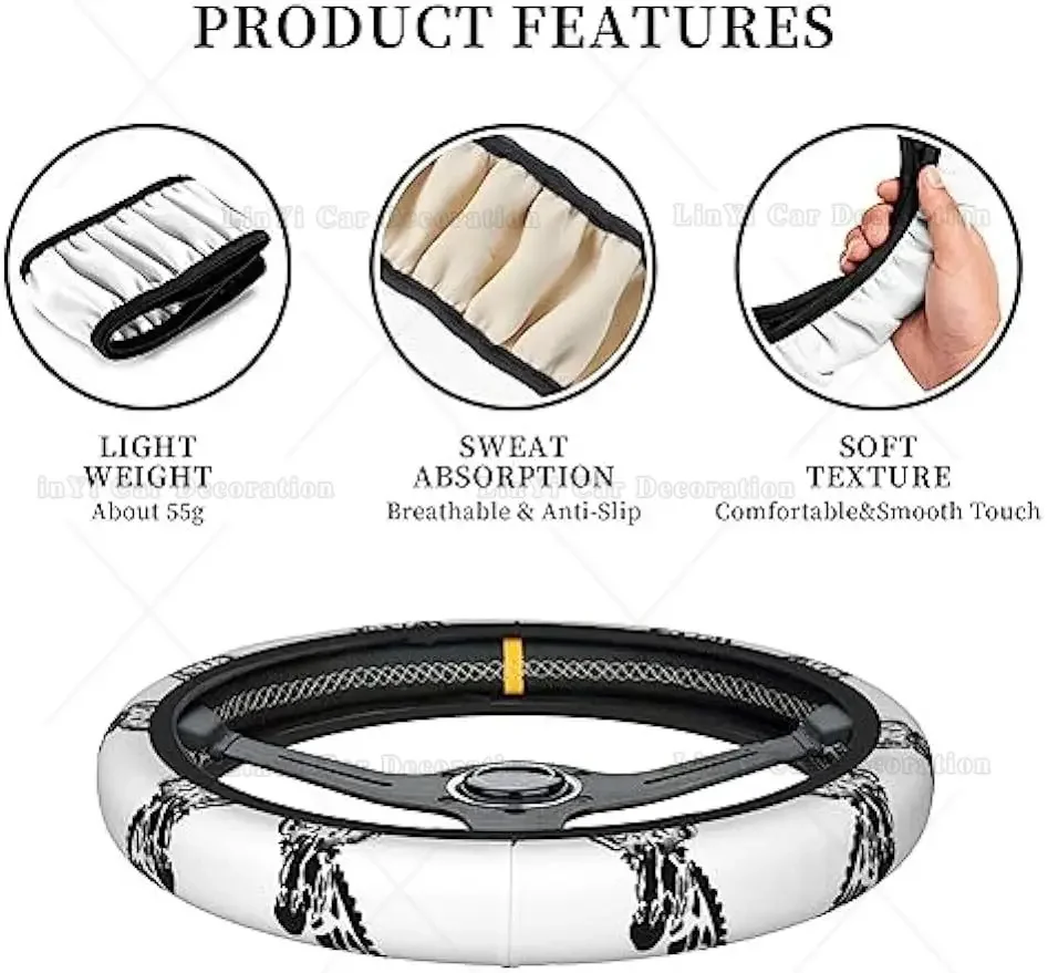 Black White Giraffe Car Steering Wheel Cover Auto Steering Wheel Cover Protector Anti-Slip Durable Universal 15 In Fit Most Car