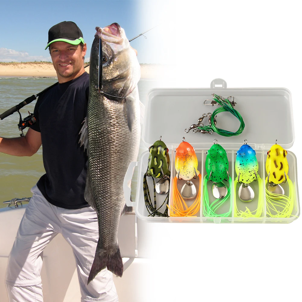 5 قطعة توبواتر راي الضفدع الطعم مع السنانير المزدوجة لينة راي الضفدع سويم الضفدع ملعقة الصيد الطعوم صيد السمك