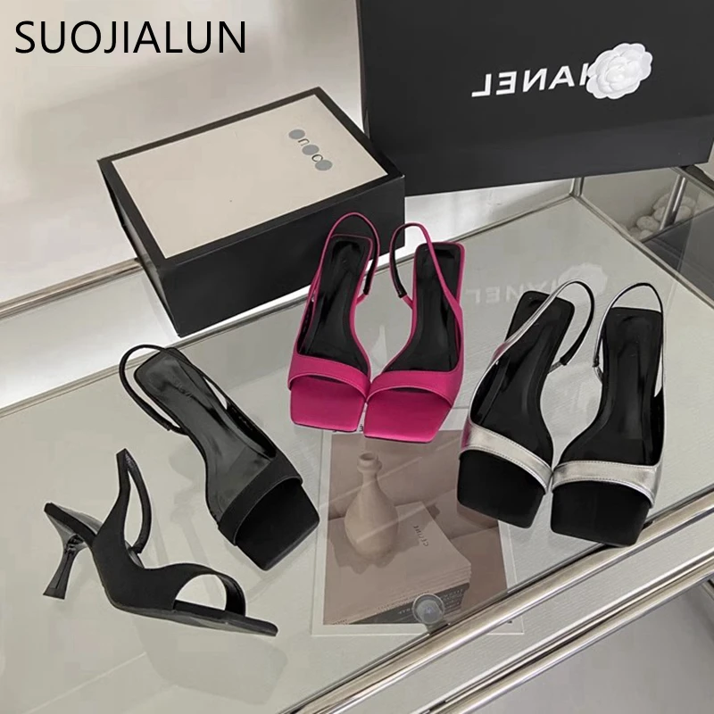 SUOJIALUN 2024 Summer New Brand Women Sandal Fashion Square Toe Shallow Ladies Elegant Slides Thin High Heel Outdoor Dress Pumps