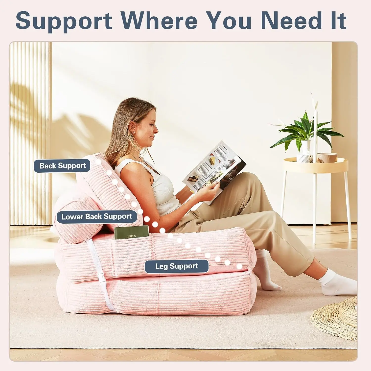 Folding Sofa Bed Single Size Convertible Sleeper Chair To Lounger Comfy Floor Couch Bed Frame With Pillow And Blanket For Living Room Bedroom Pink, 1 Piece view 3
