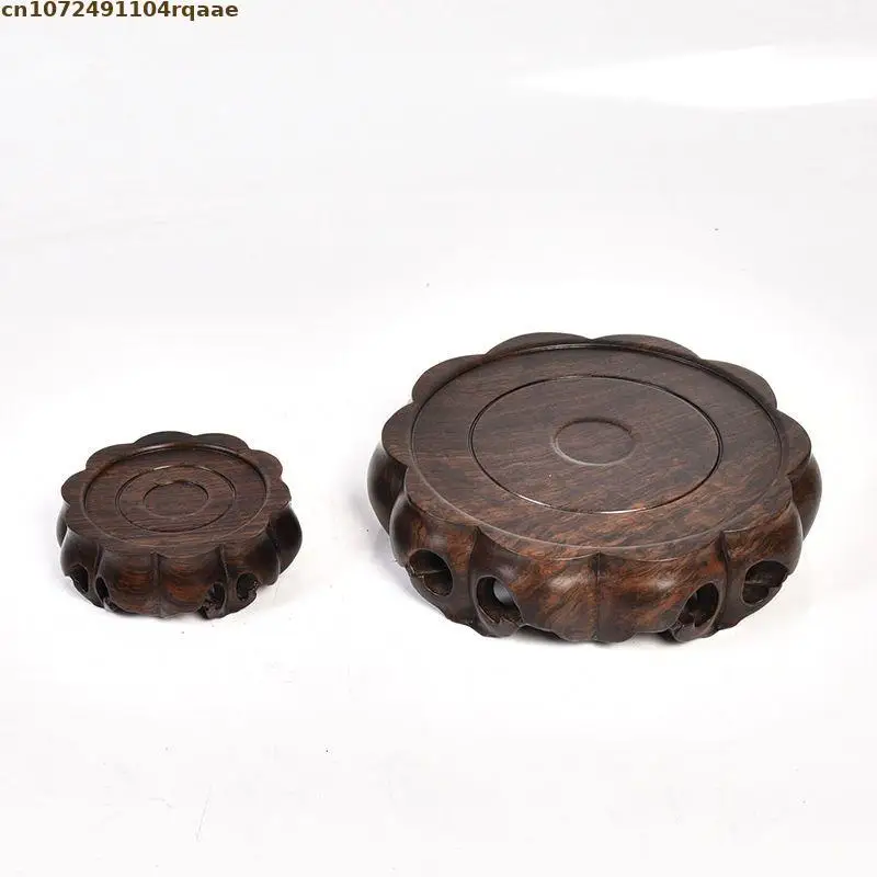 Ebony Wood Round Ornament Base, Carved Display Stand For Vase, Teapot, Crystal Ball, Plant Pot, Desktop Home Decor Pedestal