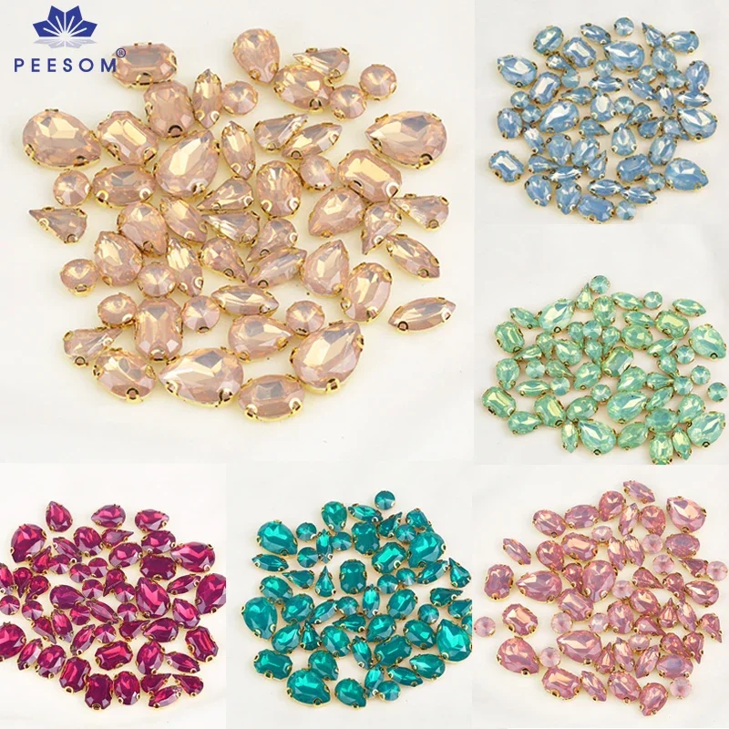 PEESOM 50pcs/bag Gold Claw Setting Mixed Shape Opal Color Rhinestone with Holes Flatback Sew On Resin Rhinestone DIY Accessories