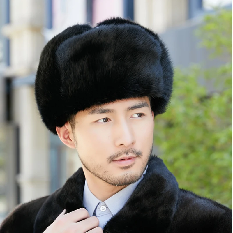 

Winter 100% Fur Rabbit Fur Cap Man Genuine Bomber Hat Windproof Warm Earmuffs Male Flat Grey/Black Russian Hat Fitted Casquette