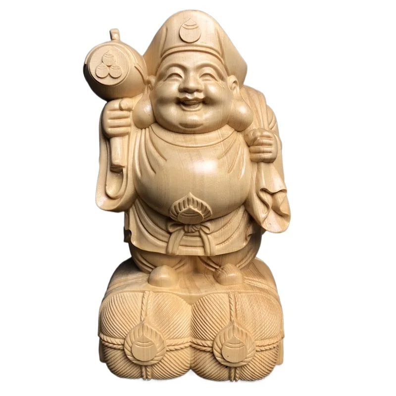 Hand Carved Hinoki Wood Daikokuten Statue Figurine - Japanese Seven Lucky Gods Wealth God Ornament Home Office Desk Decor Gift