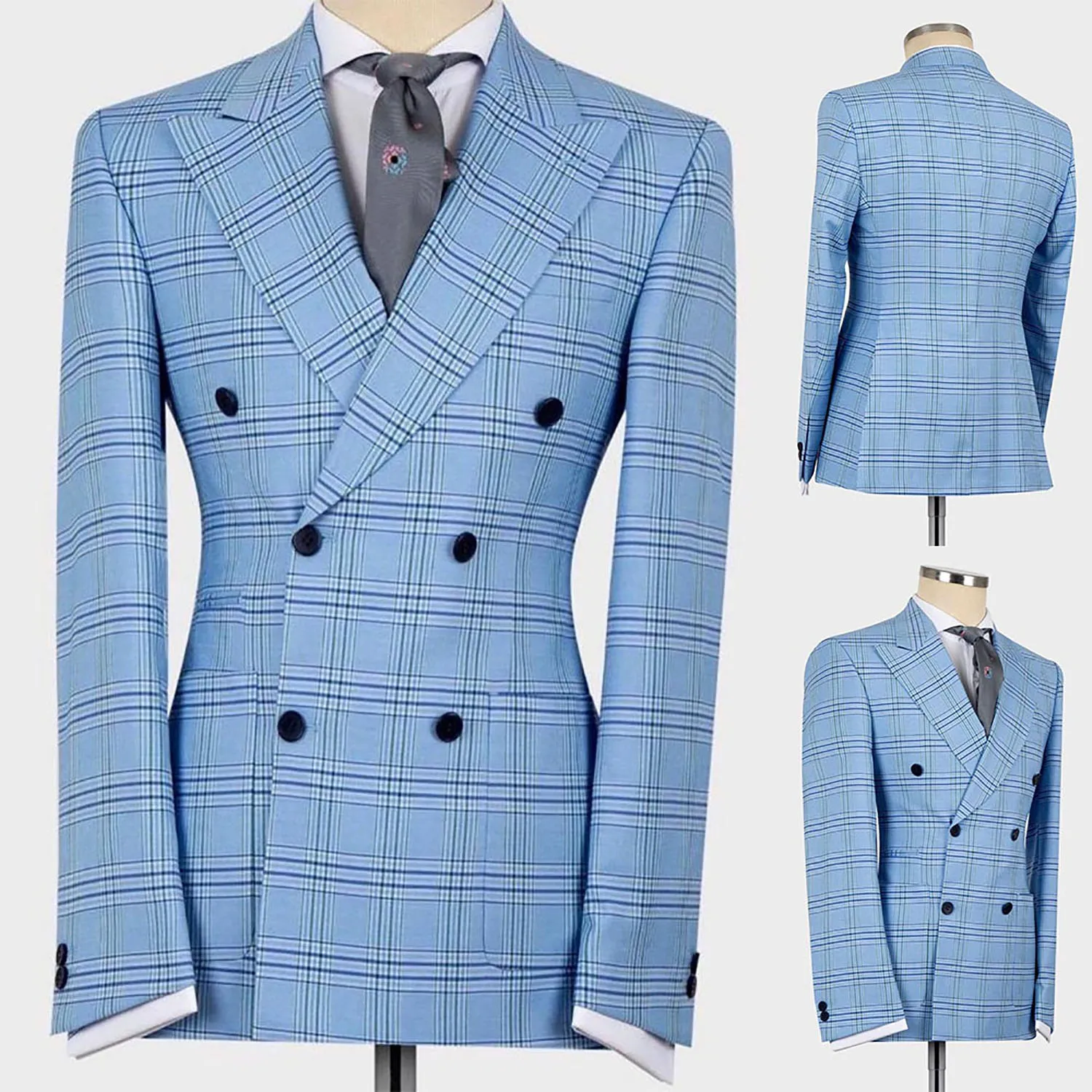 New Arrival Blue Men Suit Tailor-Made 2 Pieces Blazer Pants Plaid Double Breasted Formal Business Causal Party Host Tailored