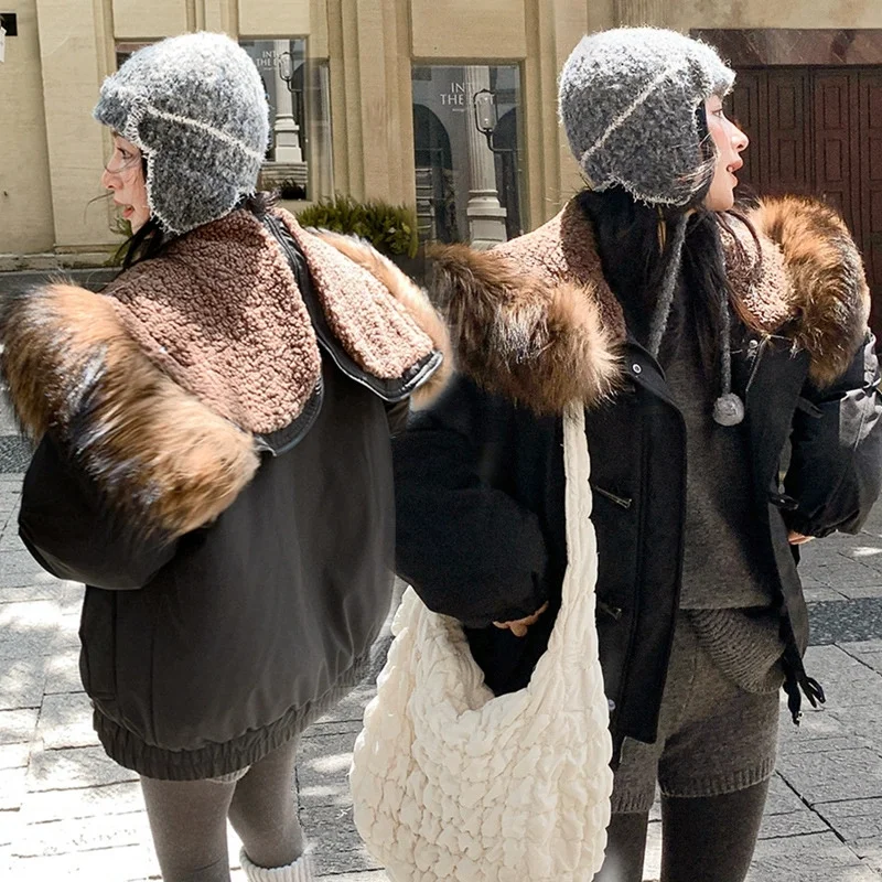 2025 Women Winter Jacket New Horn Button Hooded Big Wool Collar Thick Cotton Padded Jacket Warm Overcome Coat Woman Outerwear