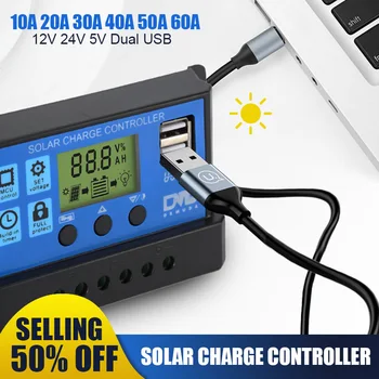 10A 20A 30A 40A 50A 60A güneş şarj regülatörü 12V 24V otomatik PWM 5V çıkış regülatörü PV ev pil şarj cihazı LCD çift USB