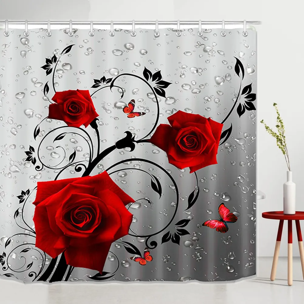 3d Digital Printing Red Rose Flower Shower Curtain Waterproof Polyester Landscape Curtains Bathroom Shower Curtain Decor