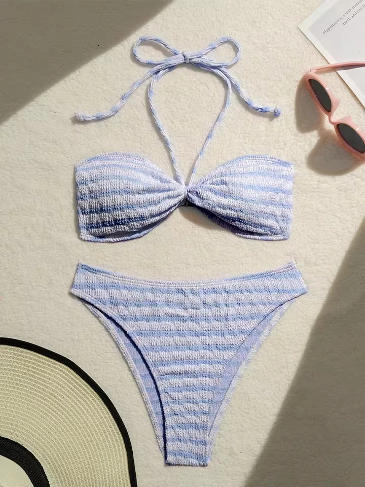 

Vzvn Fashion Sexy Stripe Lace Up Bikini Women Split Swimsuit Beach Brazil Bikini 2026 New All Season Backless Bikini 2 Piece Set