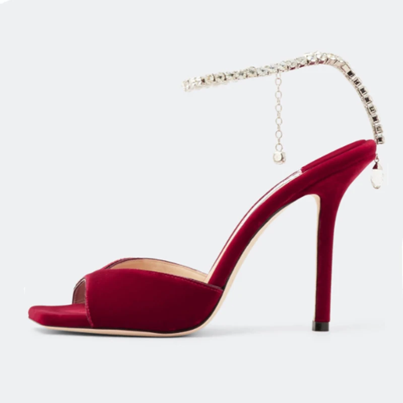 Frosted Square Toe Chain Rhinestone Buckle Stiletto Sandals Woman Summer 2024 Pendant Open Toe High Heel Shoes for women