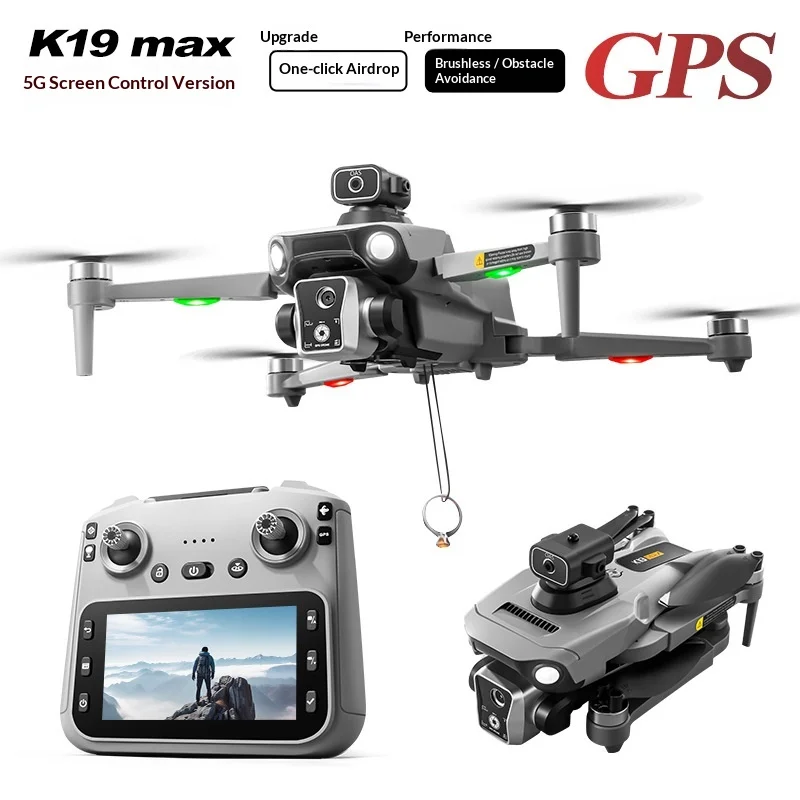 K19 Max Drone Gps 5G Hd Dual Camera Obstacle Avoidance Airdrop Brushless Remote Control Aircraft With Screen 1080p