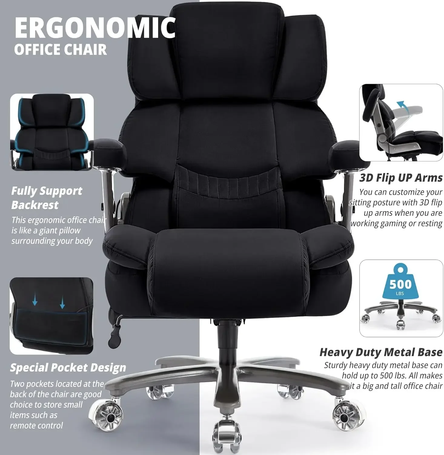 Office Chair 500lbs- Fabric High Back Executive Computer Chair with Adjustable Lumbar Support 3D Flip Arms Plus Rubber Wheels