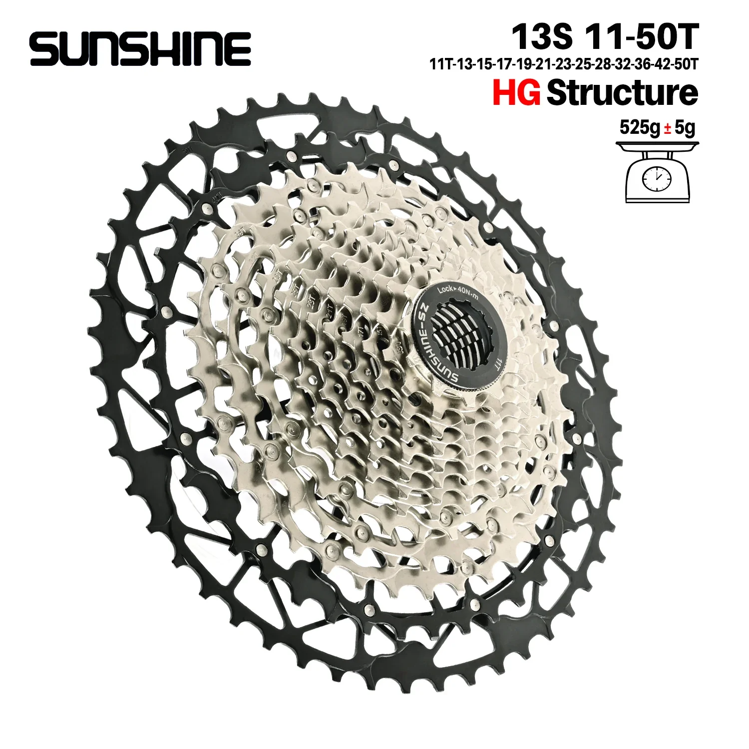 SUNSHINE Ultraleichtes Fahrradkassetten-Freilauf, Kohlenstoffstahl, Material 9/10/11/12/13 Geschwindigkeit, HG-Struktur, Kettenrad für Mountainbike