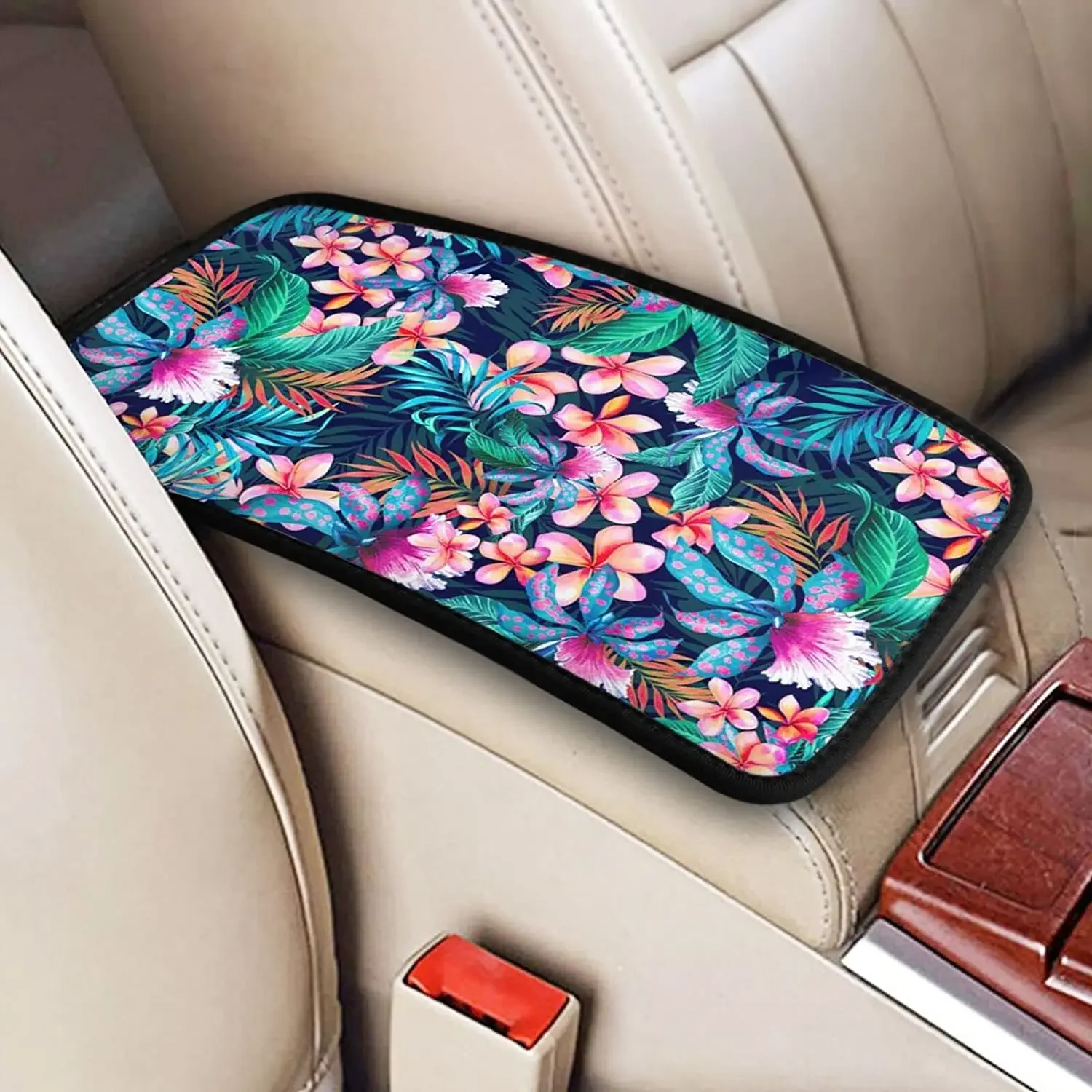 Vehicle Center Console Armrest Cover Pad, Pink Flower Print Soft Comfort Car Handrail Box Cushion Universal Fit for Most Auto, V