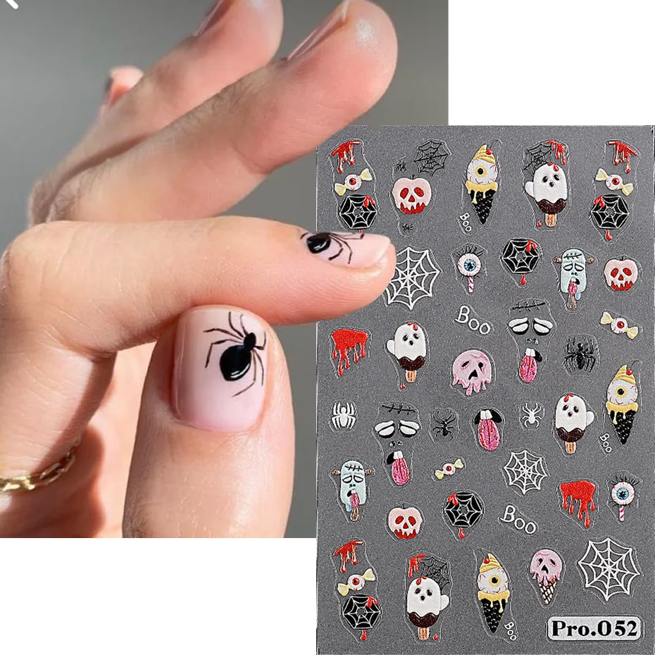 Pegatinas de uñas 3D de helado, arte de uñas con diseño de araña de emoticono de Color, calcomanía de manicura de estilo de dibujos animados de Halloween, LEPro.052