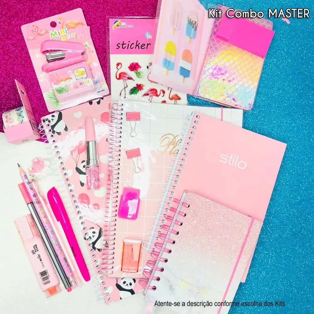 Kit Papelaria COMBO MASTER Tons Rosa Studygram Caneta Caderno