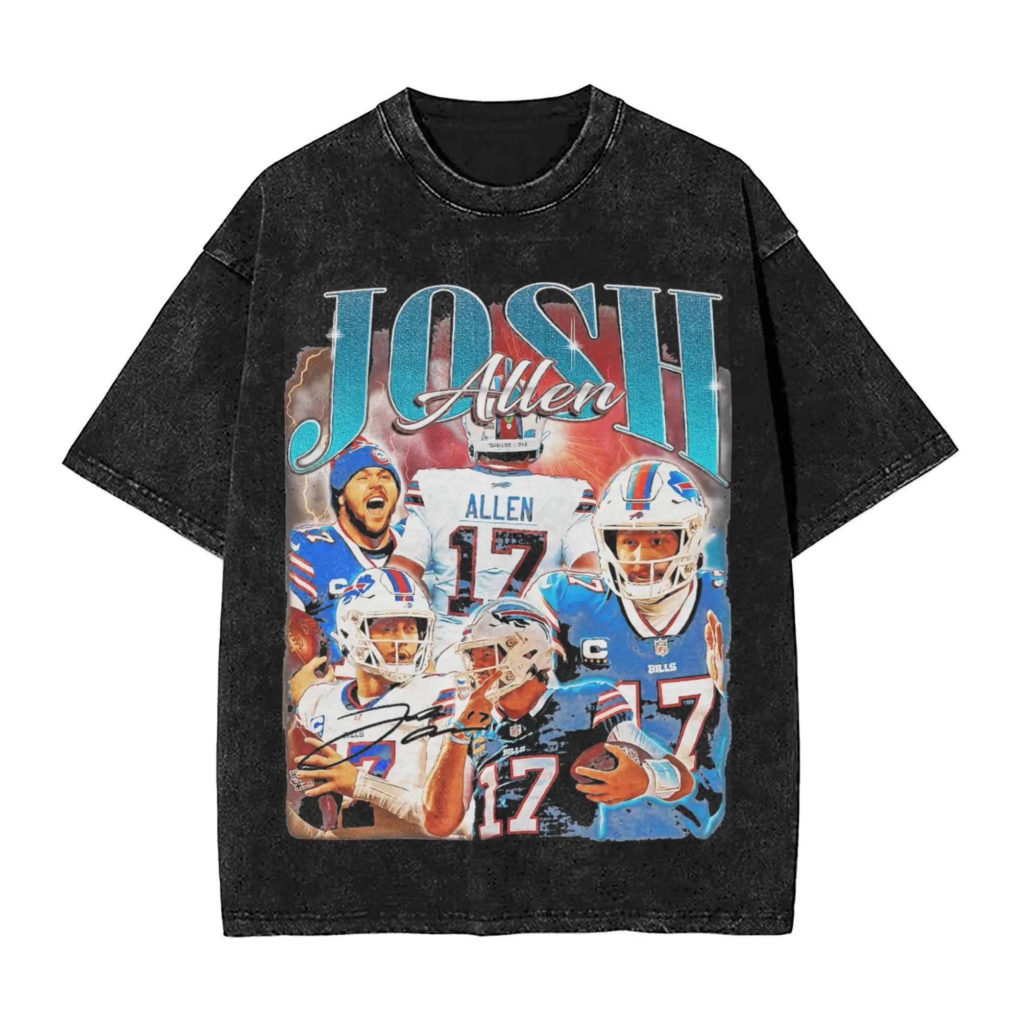 Washed T Shirt Josh Allen 17 Vintage Retro 90s Hip Hop T-Shirt High Street Streetwear Graphic Printed Tops Tee Shirt for Men