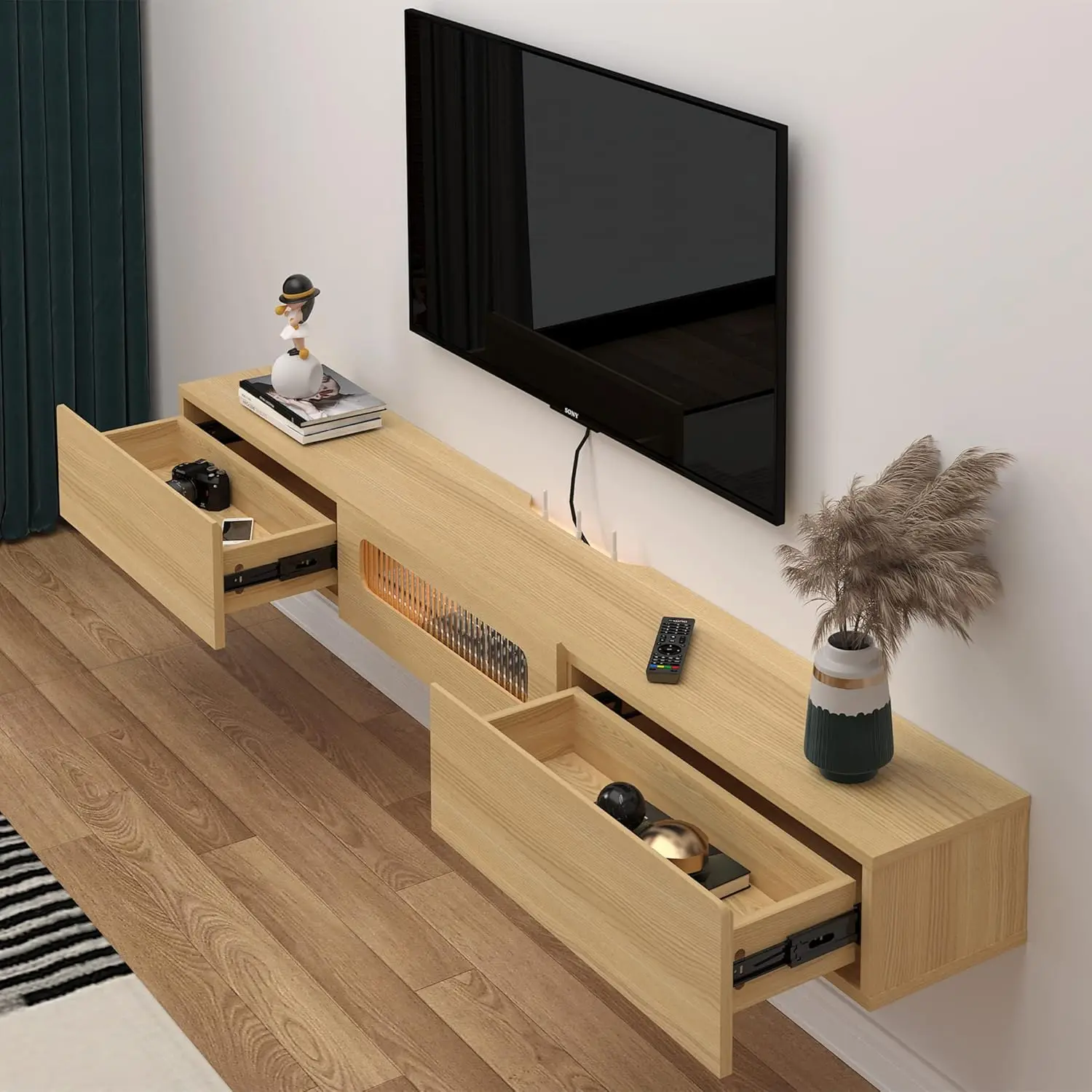 Floating Tv Stand With Led Lights, 63'' Wall Mounted Tv Cabinet With Glass Door And 2 Drawers, Wooden Entertainment Media