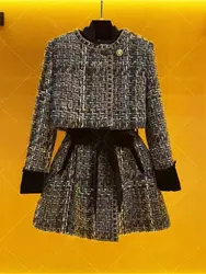 Women Elegant Chic Tweed Suit Jacket Coat And Sleeveless Dress Two Piece Set Matching Outfit Winter Jacquard Tweed Party Clothes