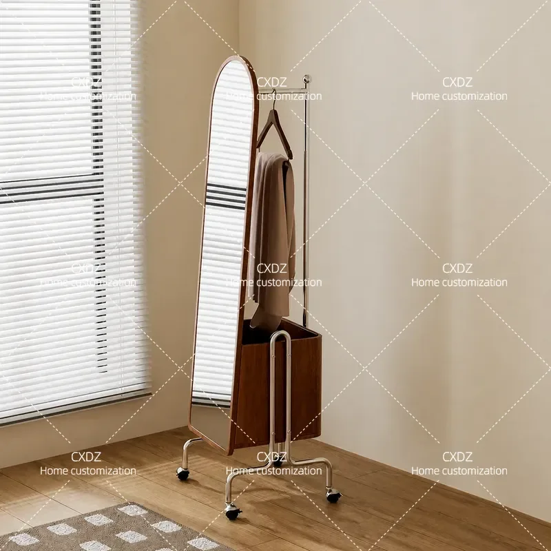 Movable Full Body Mirror with Coat Rack Rotating Hanger Floor Standing Mirror for Girls Bedroom Household Use