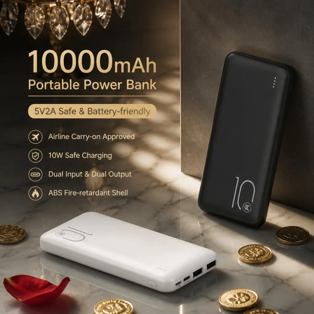 10000mAh Portable Power Bank 10W Safe Charging Dual Input Output ABS Fireproof Shell Airline Approved For iPhone Android