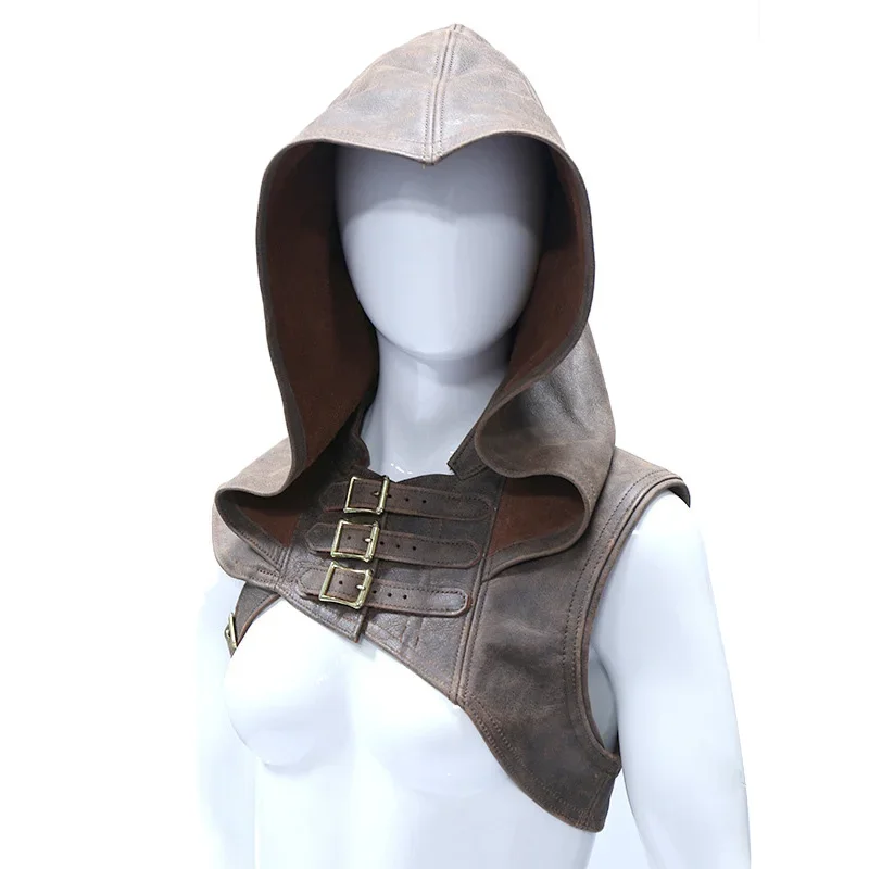 Medieval Renaissance Cowl Hood Cape Faux Leather Adult Halloween Pagan Ranger Monk Capelet Buckle Suede Mantle for Men Women
