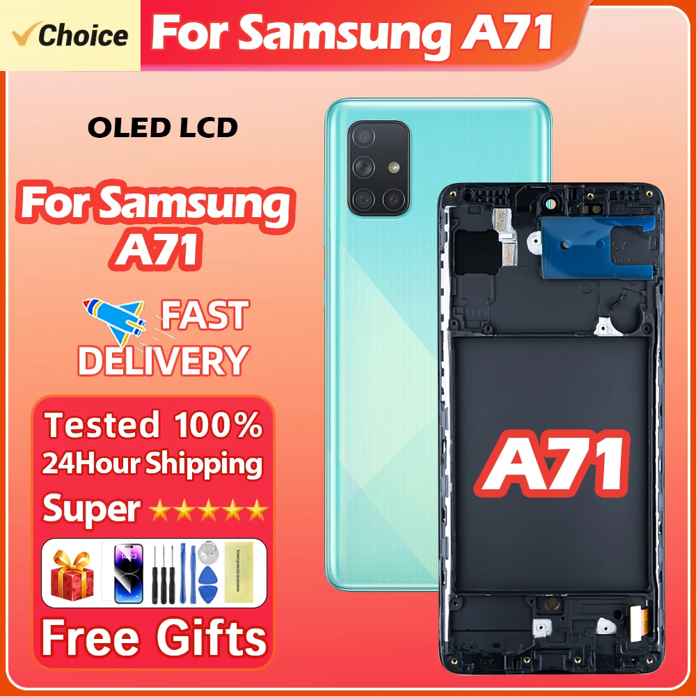 100% Super AMOLED A71 Screen, For Samsung Galaxy A71 A715 A715F A715FD LCD Display Digital Touch Screen With Frame Replacement